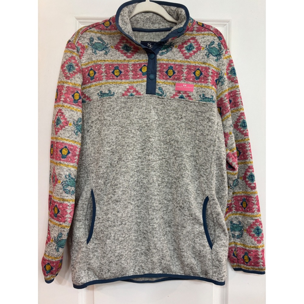 Simply Southern Gray Nautical Fair Isle Snap Pullover Sweater Womens Large Crabs